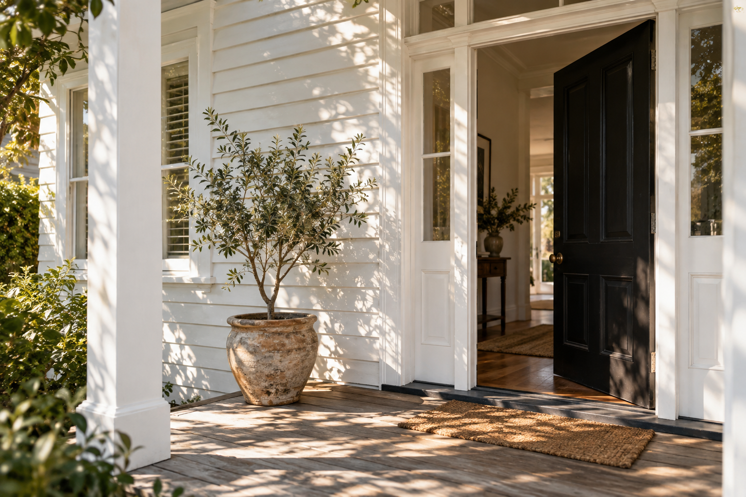 Afternoon sunlight across the entrance of a white weatherboard home